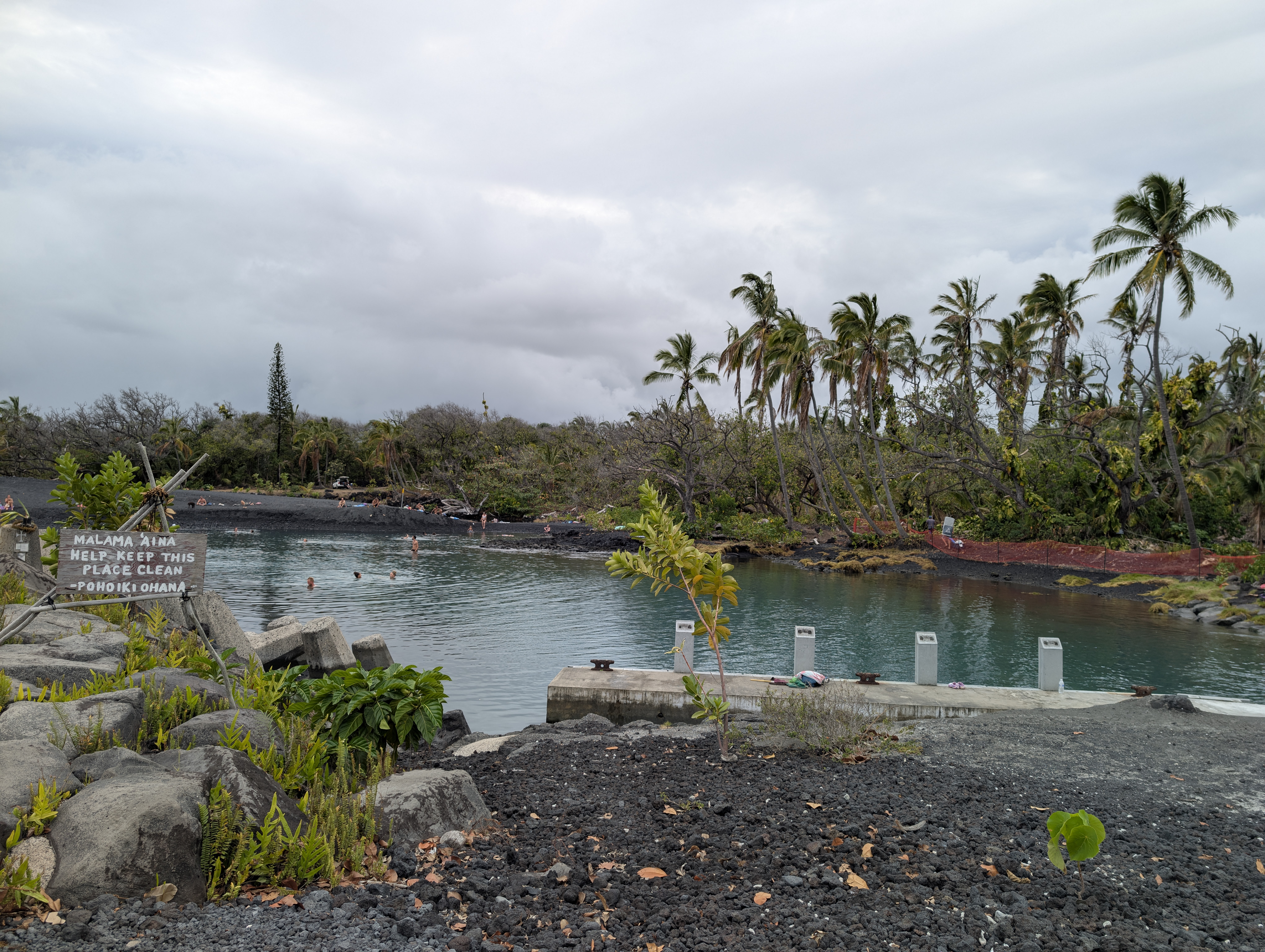Hot spring cove, palms, lava, malama aina sign